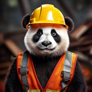 Ein Panda mit Helm und Warnweste