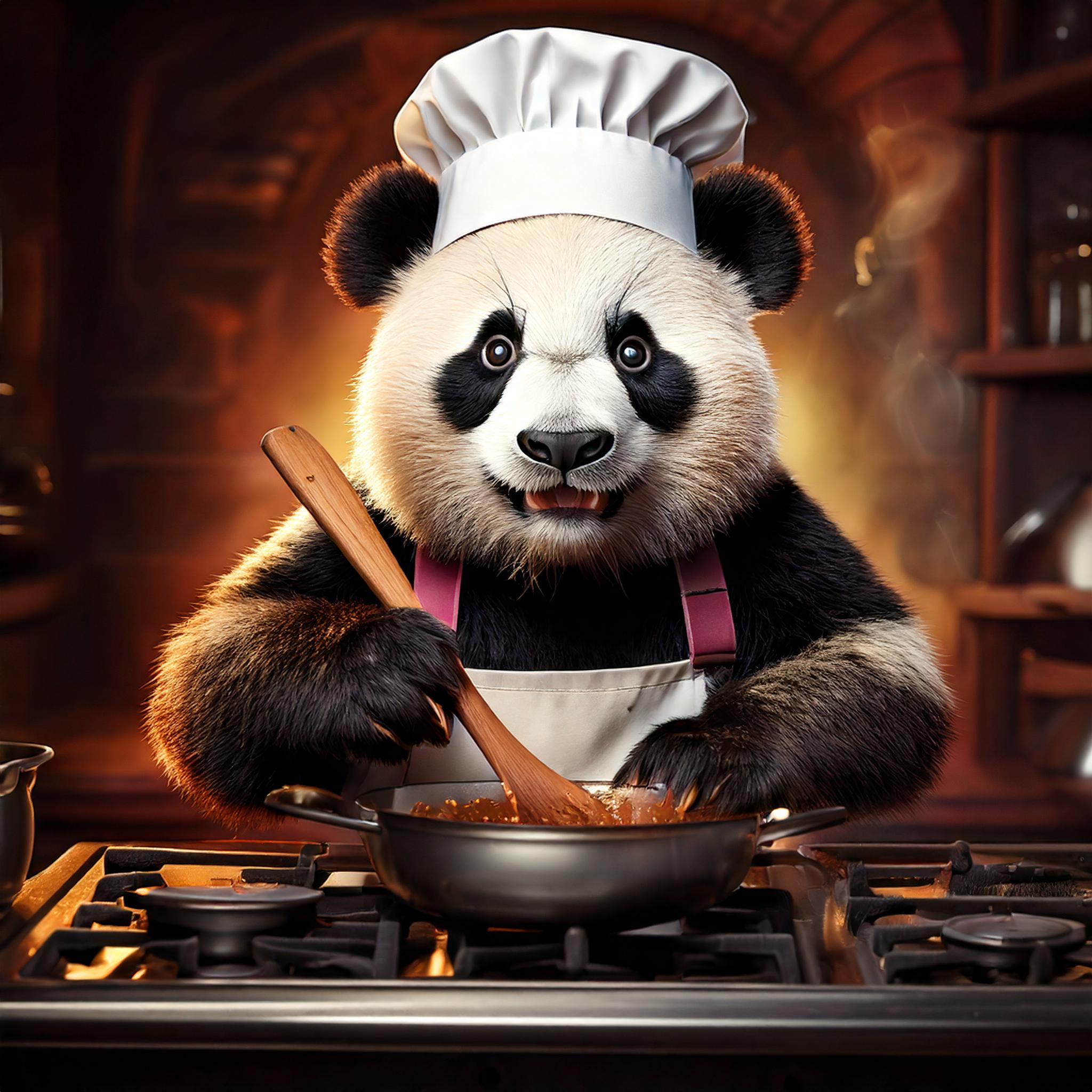 Ein Panda mit Kochmütze und Kochlöffel am Herd rührt Essen in einem Wok um.