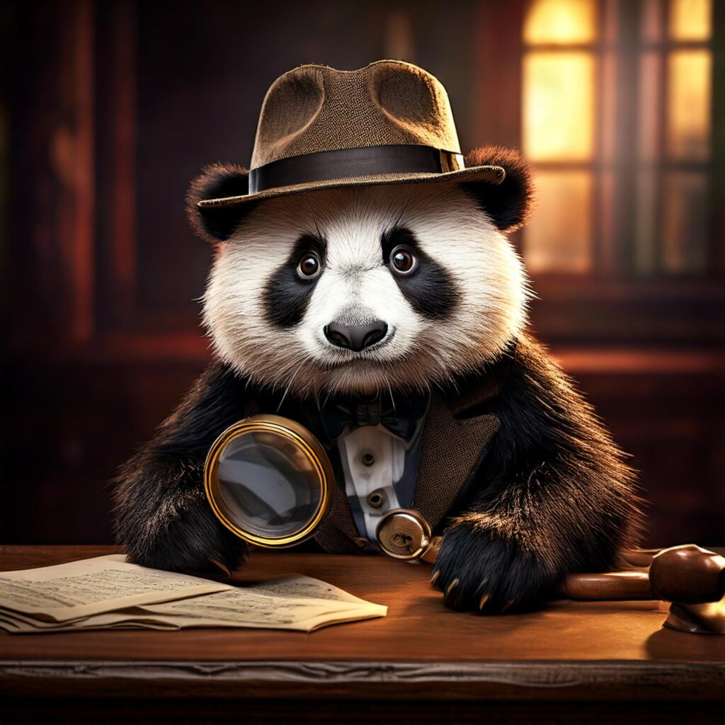 Ein Panda mit Stoffhut, der an einem Schreibtisch mit Papieren sitzt und zwei Lupen in der Hand hält.