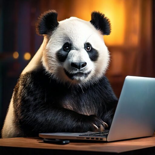 Ein Panda sitzt am Notebook und schaut dich an